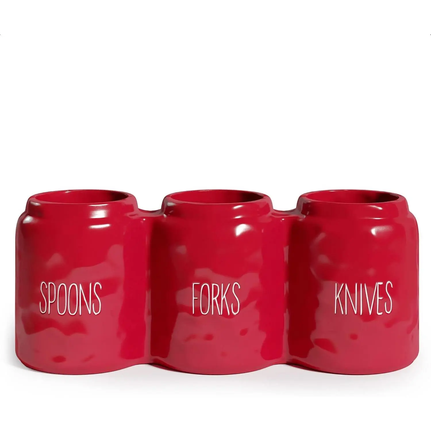 Red Ceramic Silverware Caddy Set - 12.5in x 4.25in x 5in Kitchen Countertop Container, Cutlery Organizer for Spoon, Fork, Knife, Flatware, Plasticware - Ideal for Farmhouse Decor, Gifting, Gift