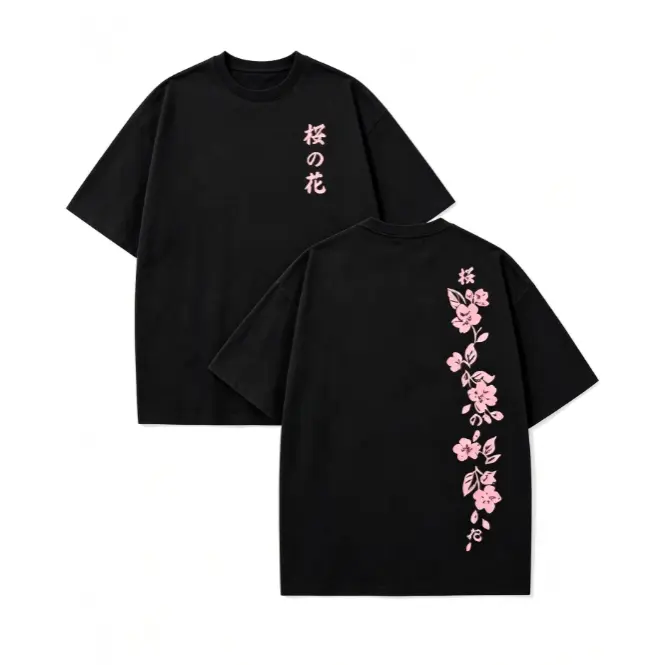 Unisex Oversized Soft Cotton Double Sided Graphic T Shirt Sakura Cherry Blossom Japanese Kanji Front Back Floral Printed Craft Cute Fashion Streetwear Casual Outfit Soft Breathable Summervibes Top Perfect Birthday Holiday Gift For Men Women Anime Floral L