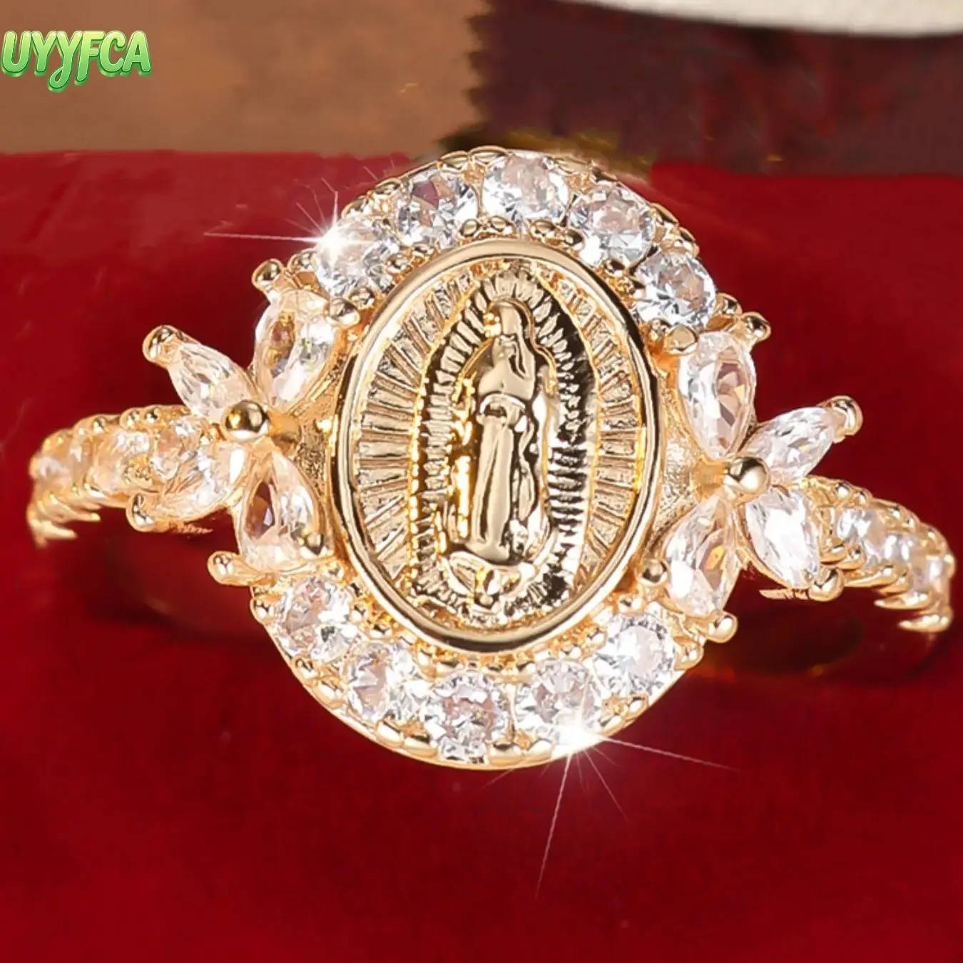 Women's Gold Plated Our Lady of Guadalupe Ring, Sparkling Cubic Zirconia Halo Virgin Mary Ring,  Fashion Artificial Zircon Decor Ring, Elegant Religious Jewelry, Ideal for Daily Wear, Church Events, Birthday Gifts and Special Occasions,Summervibes
