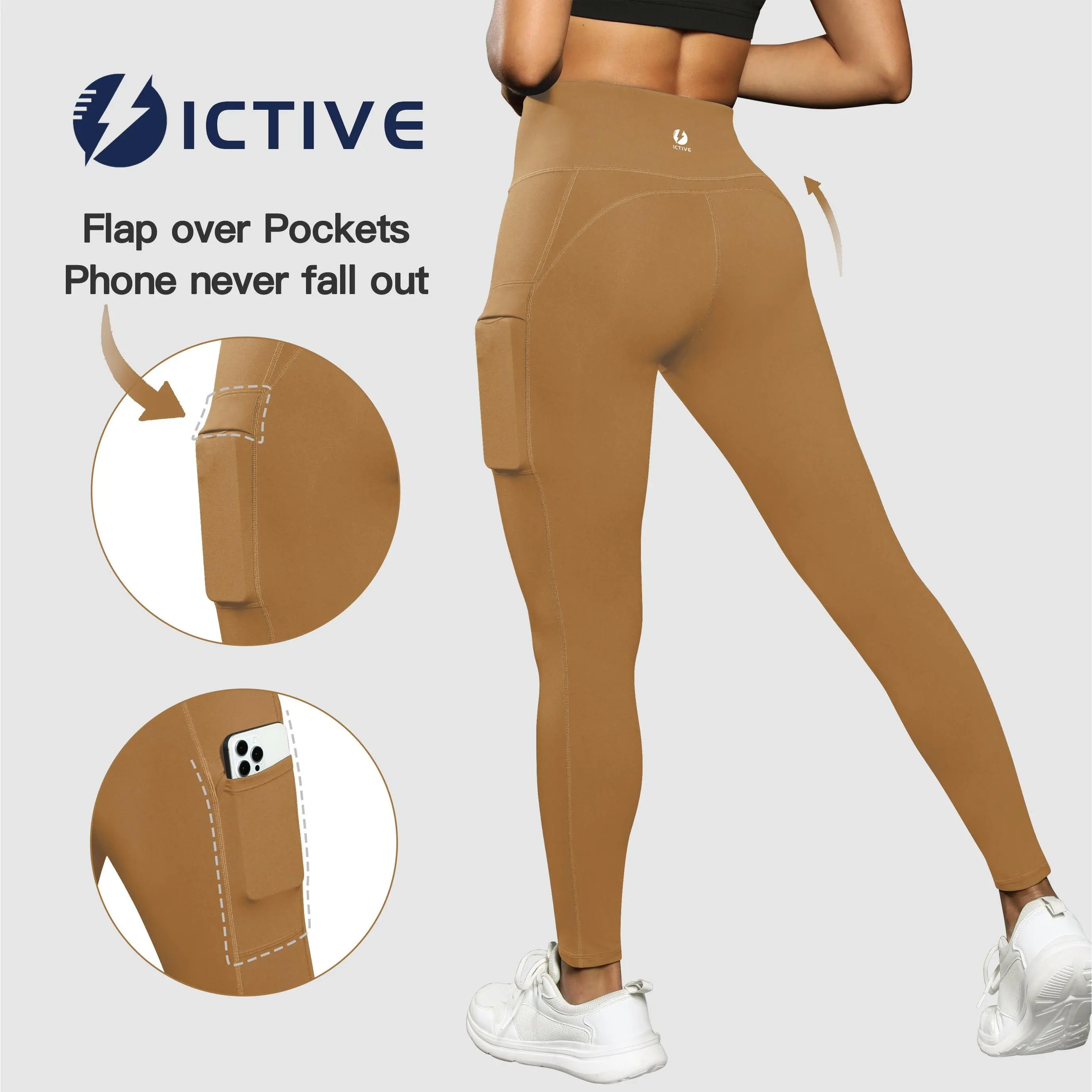 【ICTIVE】 Women's High Rise French Terry Capri Pants, Solid Color Tight-Fit Sports Leggings with Pockets, Gymwear Activewear for Gym Yoga Clothing & Workout Sessions