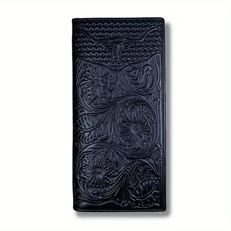 Top Grain Cowhide Leather Bifold Checkbook Wallet Men Western Long Men Wallet Tooled Longhorn Floral Embossed With ID Window Distressed Wallets
