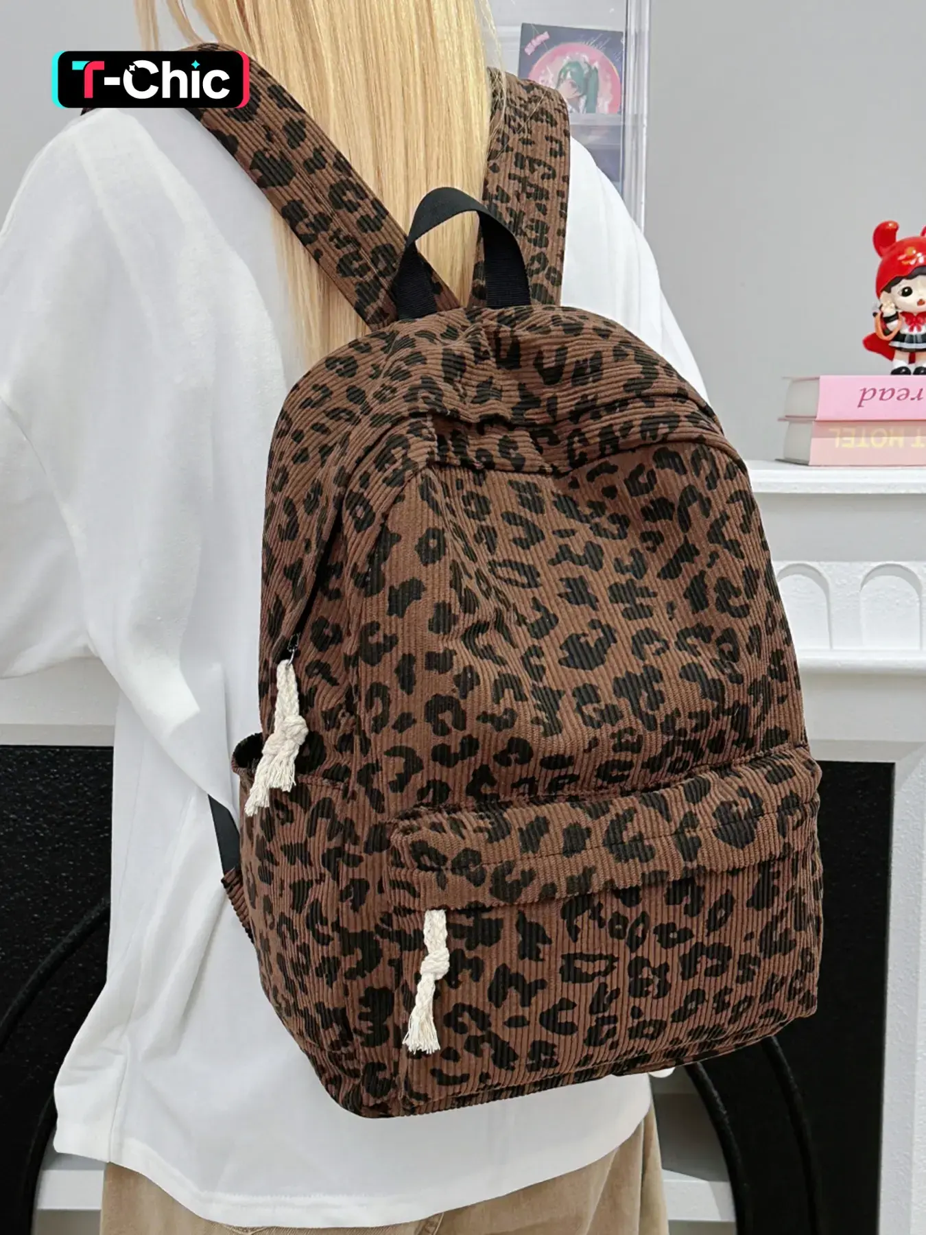 New Vintage-Inspired Leopard-Print Corduroy Backpack Fringe Drawstring Large Capacity Casual Fashion Backpack Perfect for Fall/Winter Commuting & Campus Use Trendy Backpack Stylish Lightweight Casual Daypack