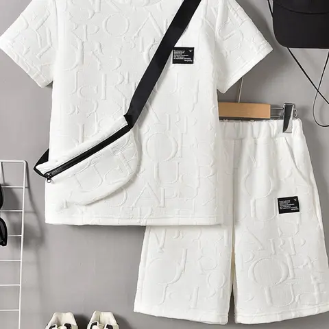 Three-piece Set Boy's Letter Pattern Co-ord Set, Knit Set, Matching Set, Outfits Set, Casual Short Sleeve T-shirt & Shorts & Crossbody Bag, Summer Clothing Set for Kids, Clothes Kids