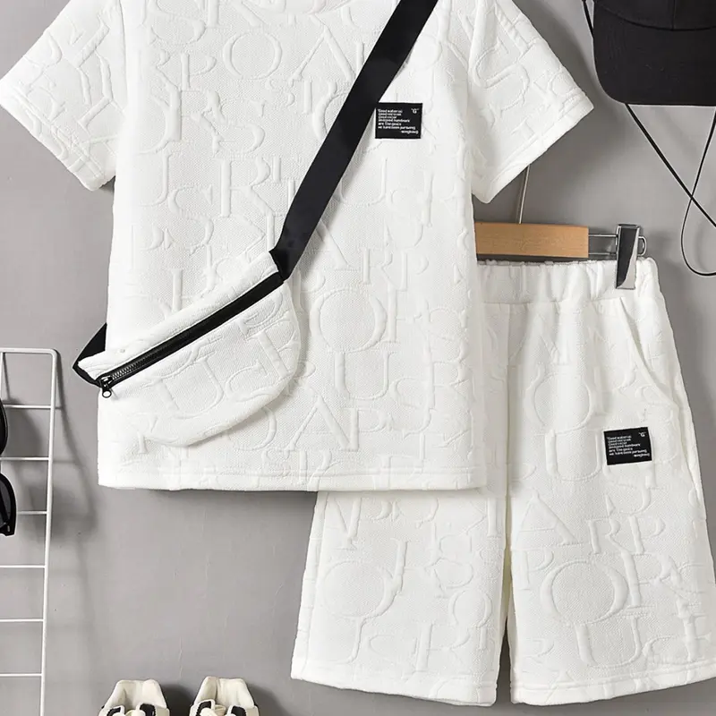 Three-piece Set Boy's Letter Pattern Co-ord Set, Knit Set, Matching Set, Outfits Set, Casual Short Sleeve T-shirt & Shorts & Crossbody Bag, Summer Clothing Set for Kids, Clothes Kids