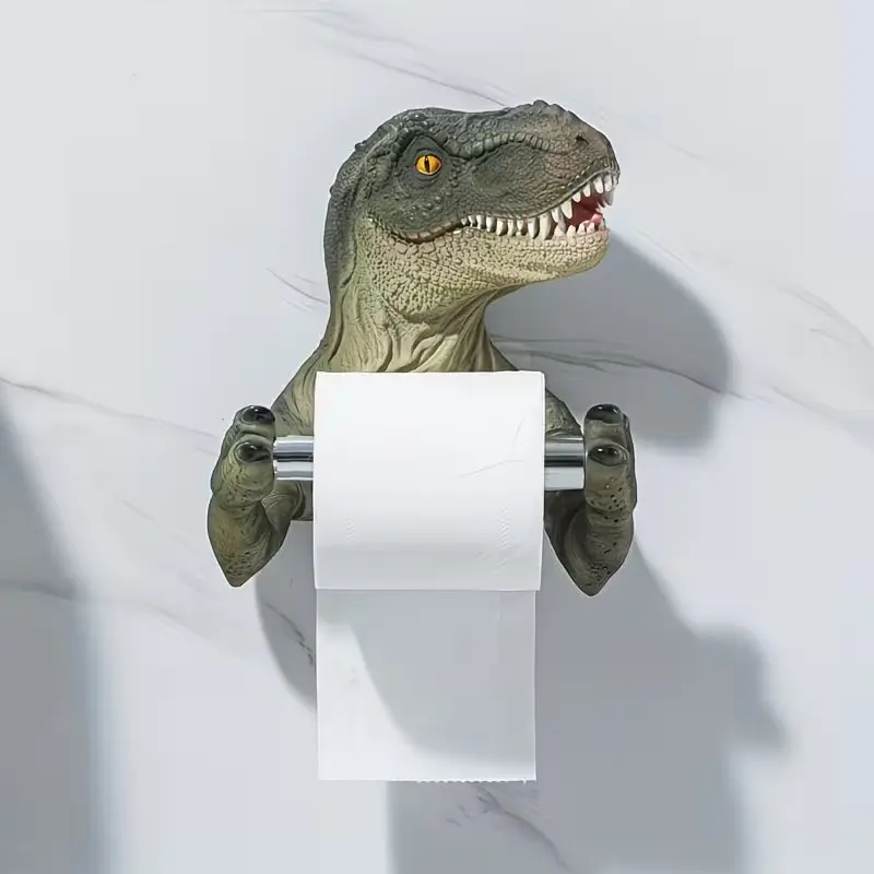 Creative Cartoon Dinosaur Bathroom Paper Towel Holder, No-Drill Self-Stick Wall Mount, Durable Resin Decorative Organizer, Fun Dinosaur Design, Easy Installation
