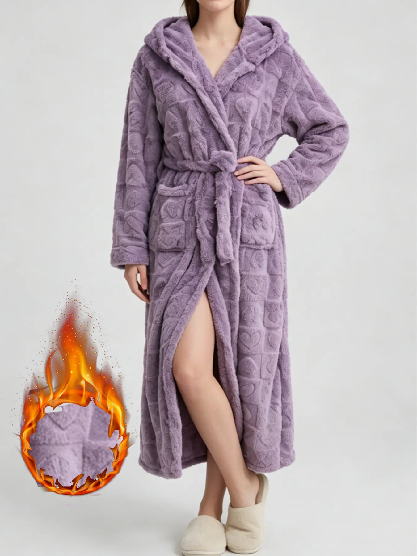 Women's Thick Heart Pattern Bathrobe, Soft Warm Long Sleeve Sleep Robe, Waist Tie Pockets, Fall Winter Home Spa Wear
