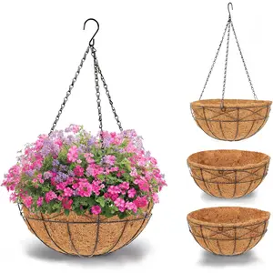 Metal Chain Hanging Flower Baskets with Coco Coir Liners | Round Hanging Planters for Indoor & Outdoor Plants, Ideal Decor for Balcony, Porch, Patio and Garden