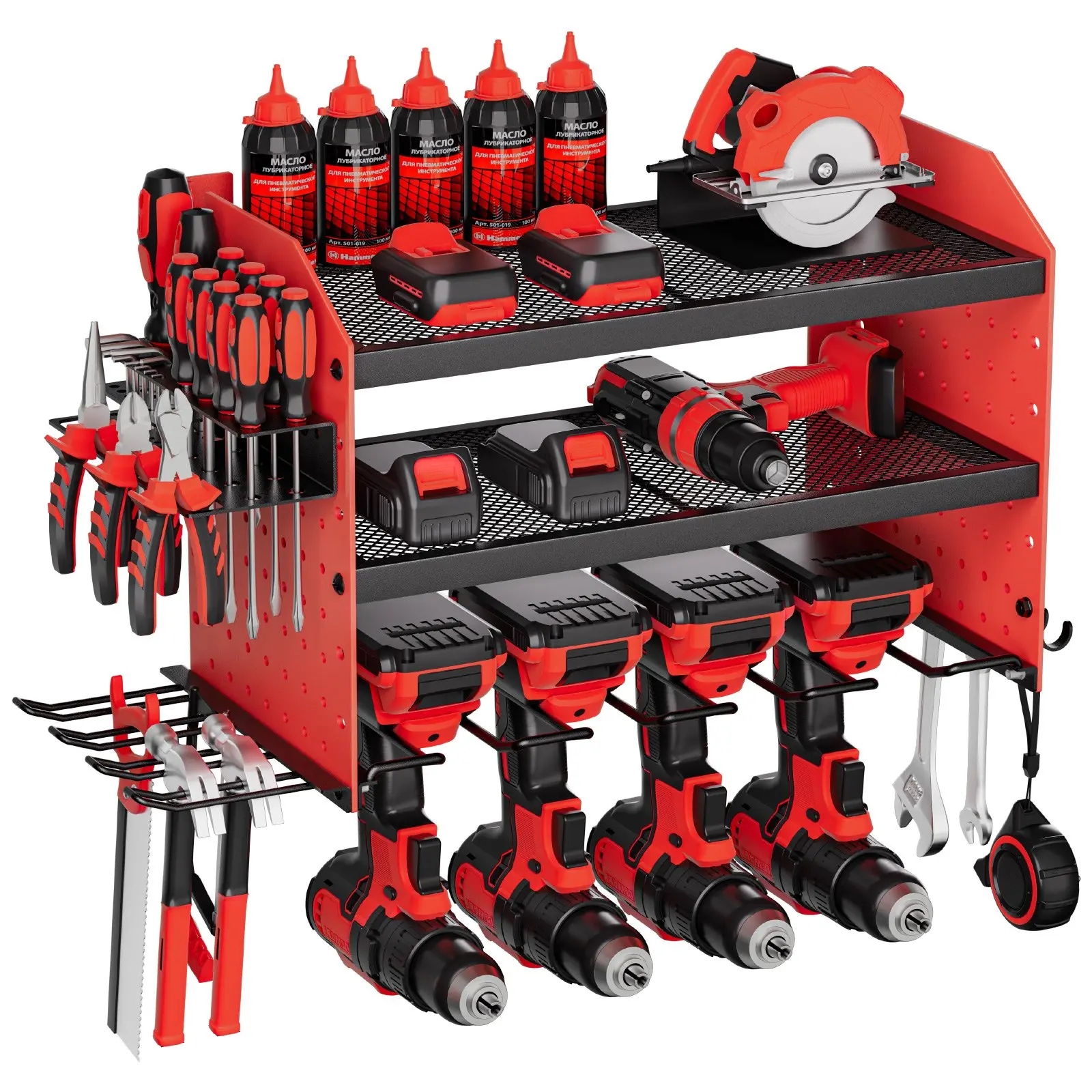 VEVOR Power Tool Organizer Wall Mount, 3-Layer Storage Rack with 4 Drill Holders, Tools Holder and Storage Rack with Side Pegboards, Garage Tool Organizer for Garage, Workbench, and Workshop