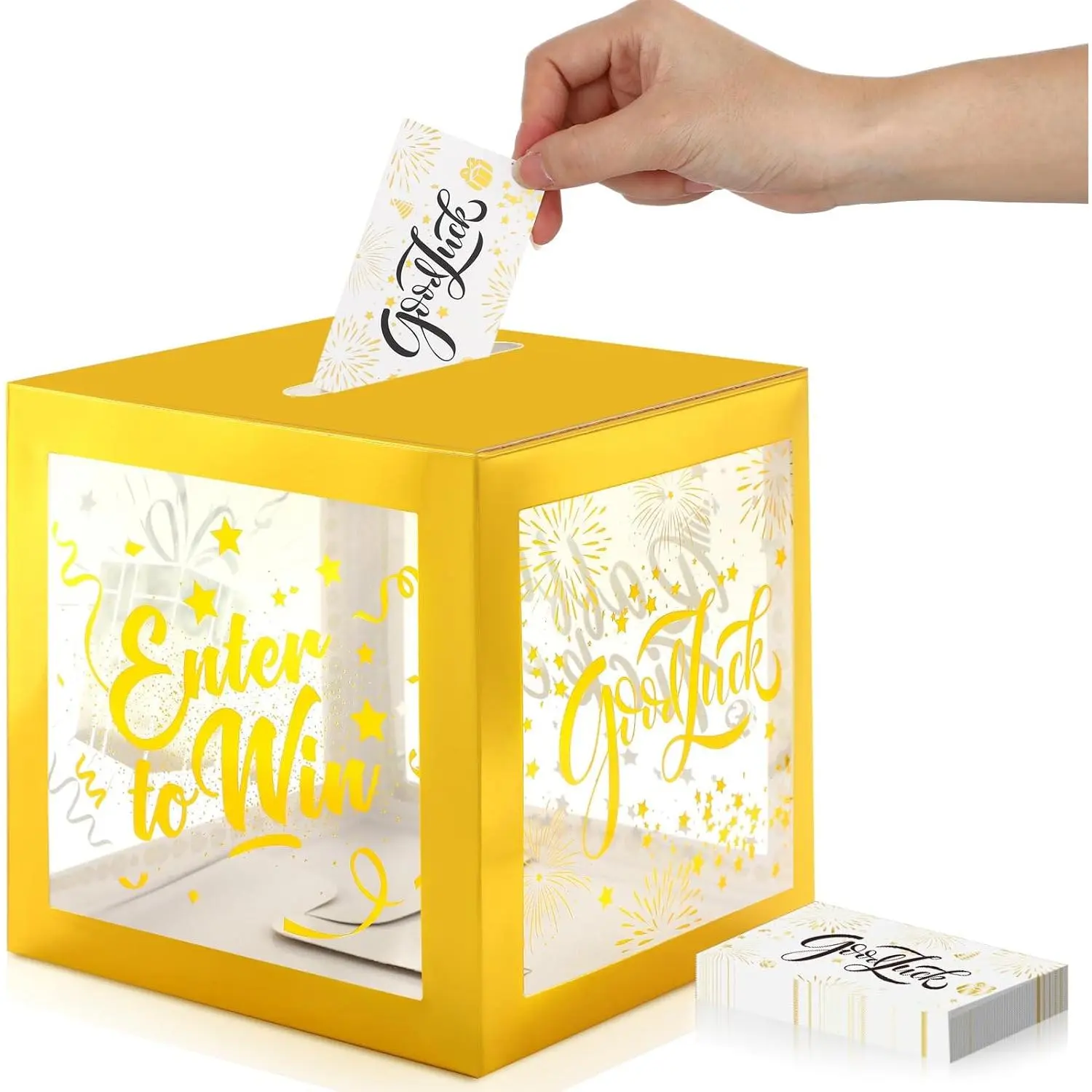 Spiareal Enter to Get Donation Box with Raffle Tickets Cards Gold Raffle Box Safe Suggestion Boxes with Entry Form Cards Ballot Boxes for Contest Carnivals Raffles (Gold)