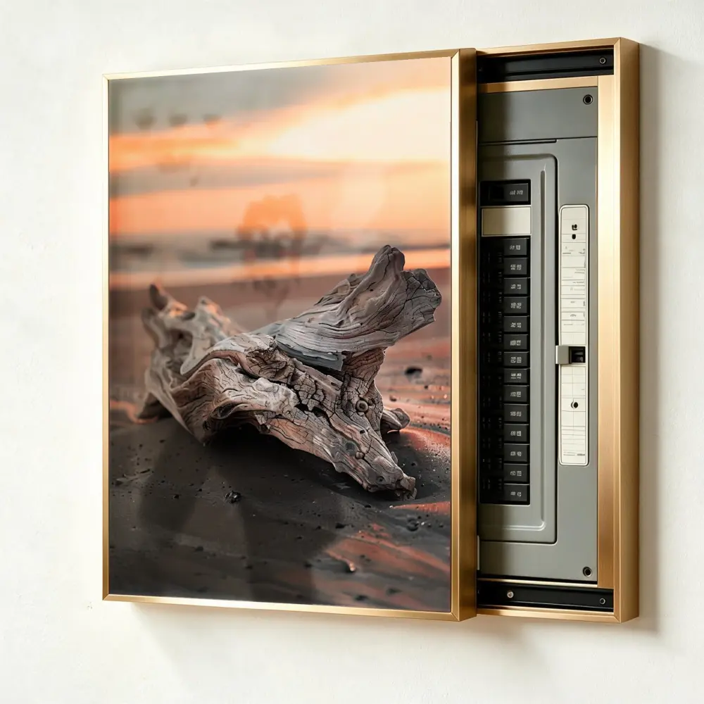 Driftwood On Beach At Sunset Golden Frame Art Hide Electrical Panel Decoration Breaker Box Decorative Cover Hide Breaker Box