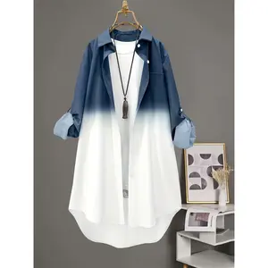 Plus Size - Plus Size - Gradient Color Long-Sleeve Shirt, Mid-Length / All-Season Style, Women'S Clothing