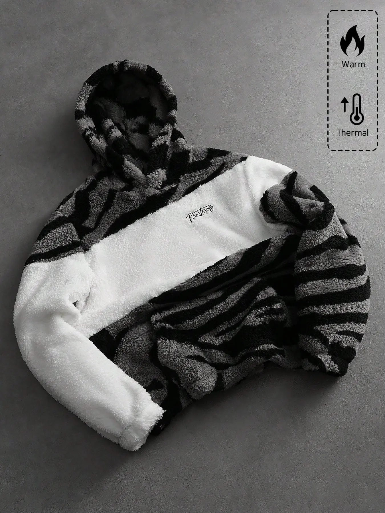 Men's Zebra Print Fleece Hoodie, Thickened Thermal Sweatshirt, Loose Fit, Fall & Winter, Streetwear, Casual, Skateboarding, Campus, Outdoor