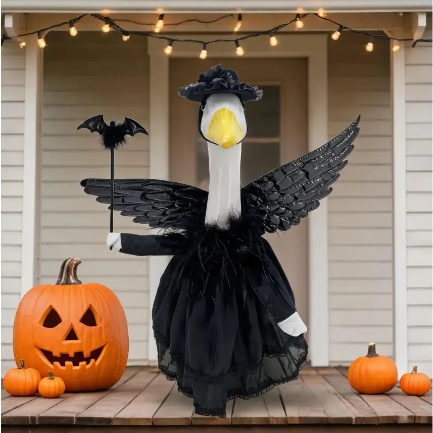 Gothic Porch Goose Halloween Costume Set - 4 Pieces Tulle Black Swan Tutu, Bat Wings, Bat Props, Festive Party Decoration Supplies, Easy-to-Remove Home Decor for Pet Parade