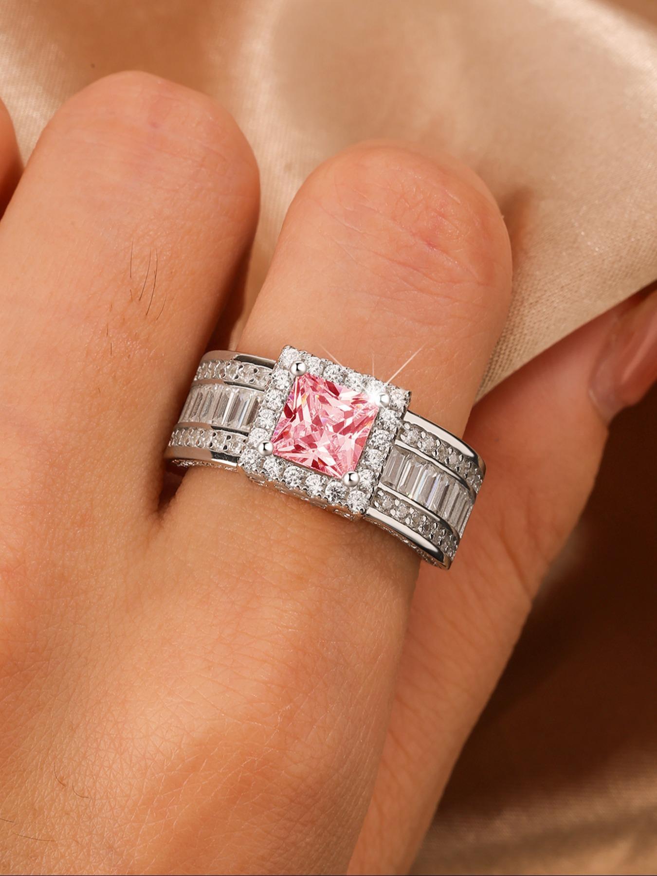S925 Sterling Silver Fashion Pink artificial Zircon Decorated Emerald Cut Solitaire Ring, Luxury, Fashion Jewelry Accessories for Women, with Box