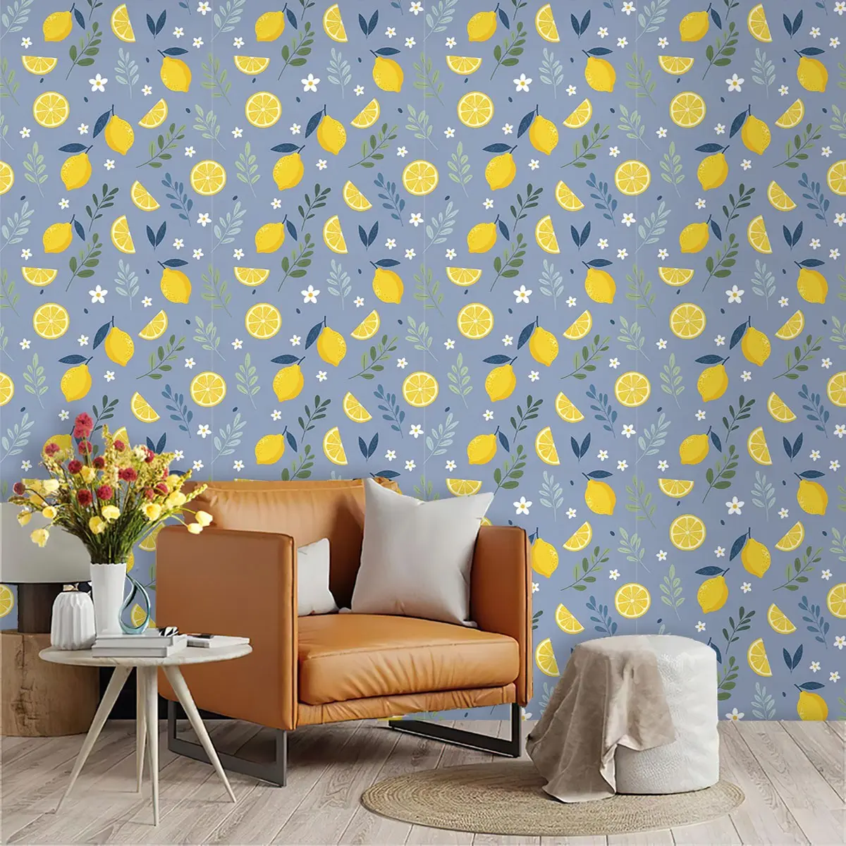 Cartoon Lemon Theme Wallpaper, PVC Mould-Proof, Blue Background, Peel-And-Stick, Living Room Decor, Kitchen, Bedroom, Wall Transformation
