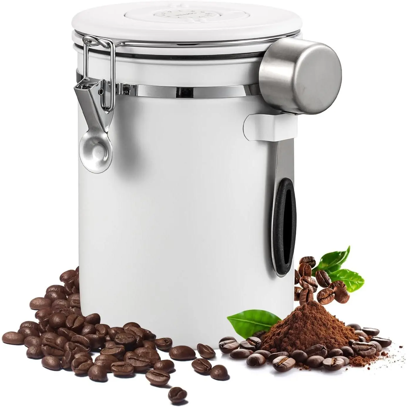 Airtight Coffee Container with Date  & Spoon - Kitchen Storage Jar for Coffee Grounds, Cereal, Beans, Sugar (White, 14OZ)