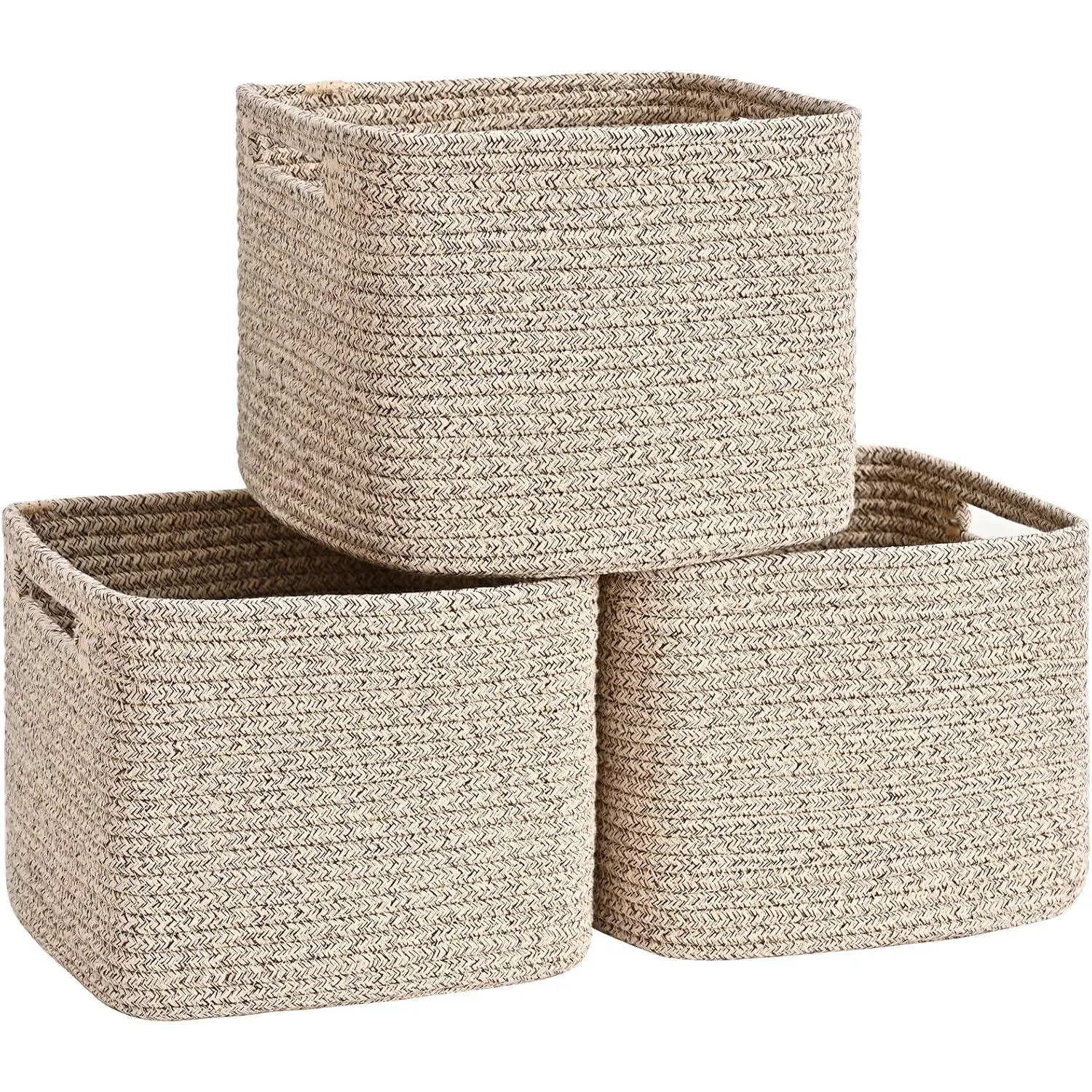 3 Pack Cube Storage Bin, 9”x9”x7” Cotton Rope Woven Baskets for Organizing Toys Clothes Towels, Square Gift Storage Baskets for Shelves, Nursery, Closet, Bathroom, Pantry (Jute)