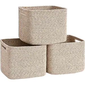 3 Pack Cube Storage Bin, 9”x9”x7” Cotton Rope Woven Baskets for Organizing Toys Clothes Towels, Square Gift Storage Baskets for Shelves, Nursery, Closet, Bathroom, Pantry (Jute)