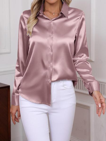 Women's Plain Satin Shirt, Elegant Long Sleeve Button Top for Work Office Business, Ladies Clothes for All Seasons, Womenswear