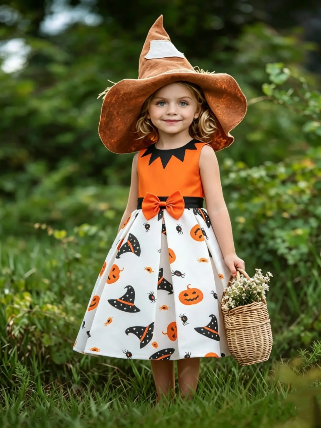 (Dress only) Halloween children's costume pumpkin hat print dress party princess dress girls' holiday dress