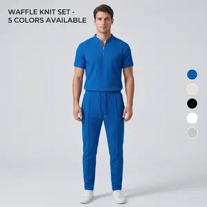 Men's 2026 New Waffle Knit Stand Collar Quarter Zip 2 Piece Outfit Short Sleeve Shirt Pin Tuck Drawstring Long Pants Solid Soft Breathable For Daily Commute Casual Sports Home Lounge Streetwear Matching Set