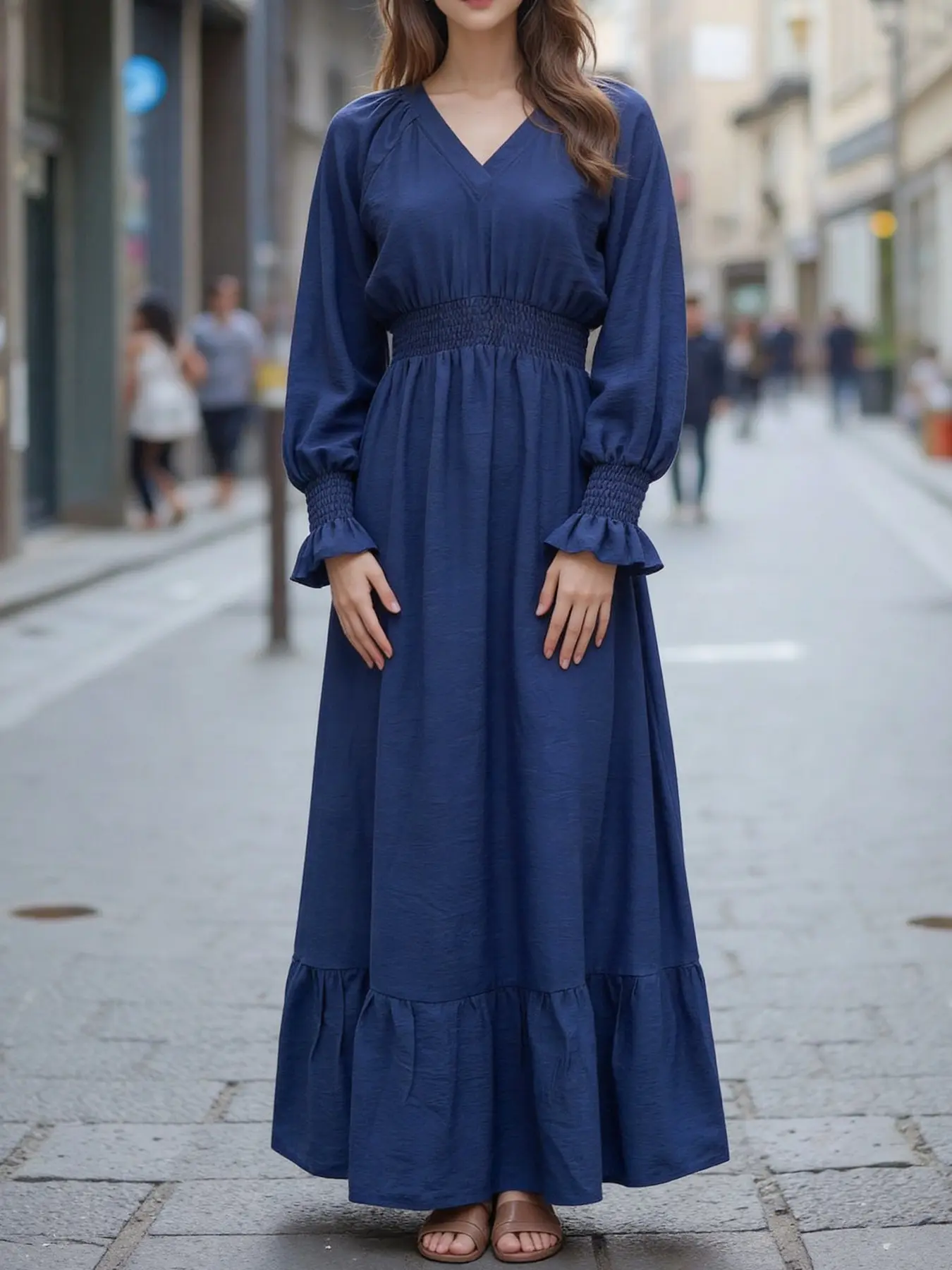 Modest V Neck Lantern Sleeve Maxi Dress, Elastic Waist Ruffle Hem Casual Hijab Abaya