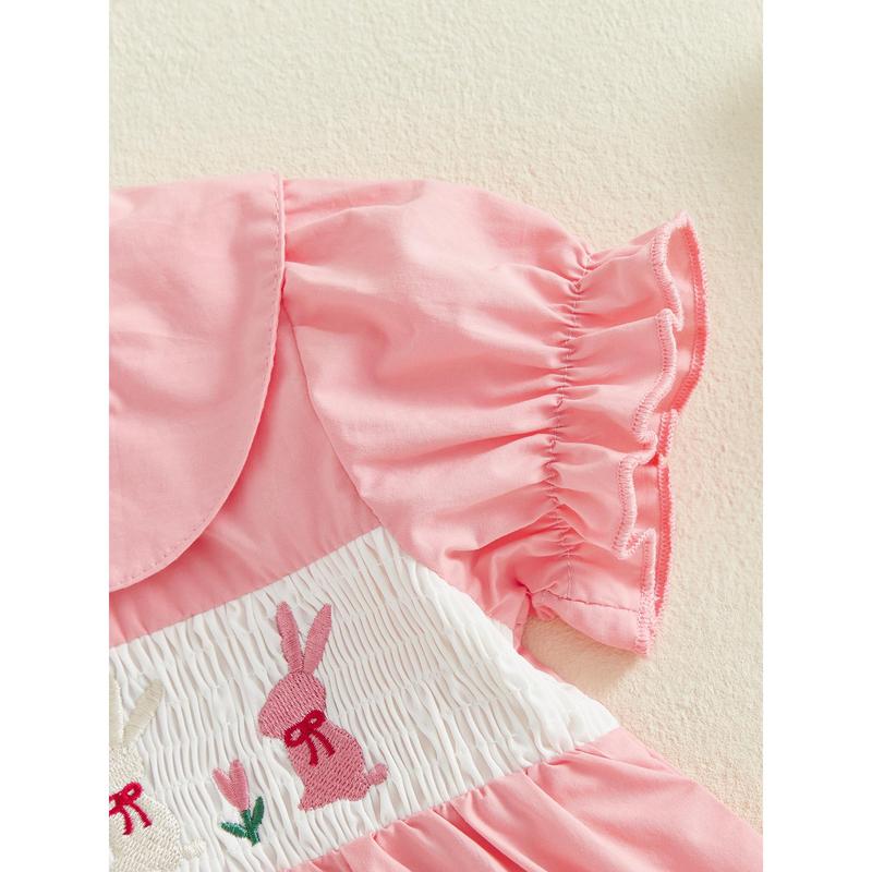 Toddler Baby Little Girls Easter Outfit Short Sleeve Smocked Embroidery Rabbit T-shirt with Elastic Waist Shorts Outfit 3M-3Y