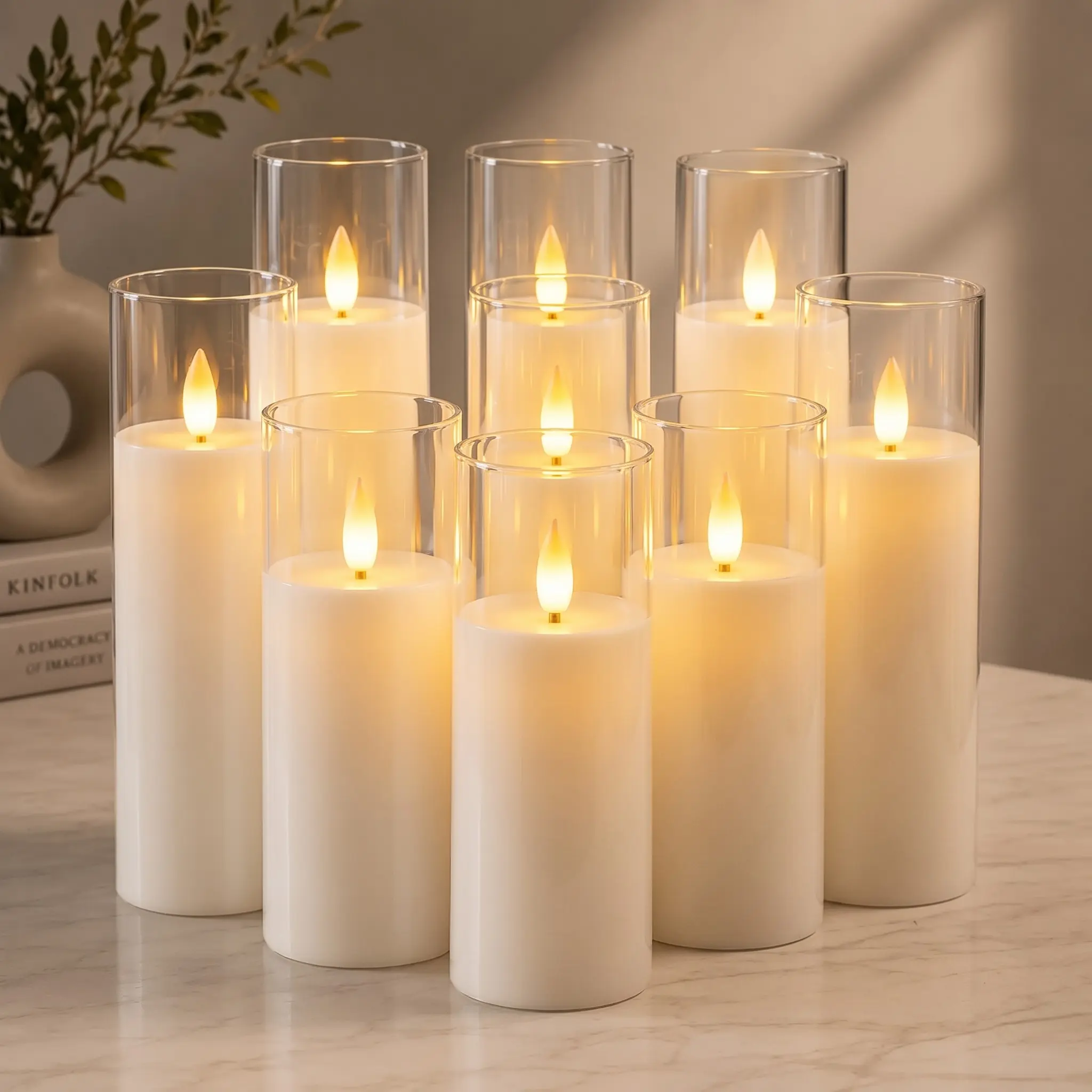 Pure Acrylic Flameless LED Candles 9-Piece Set, Battery Powered, Electric Fake Candles for Room Decor, Table Lamp, Mood Lighting