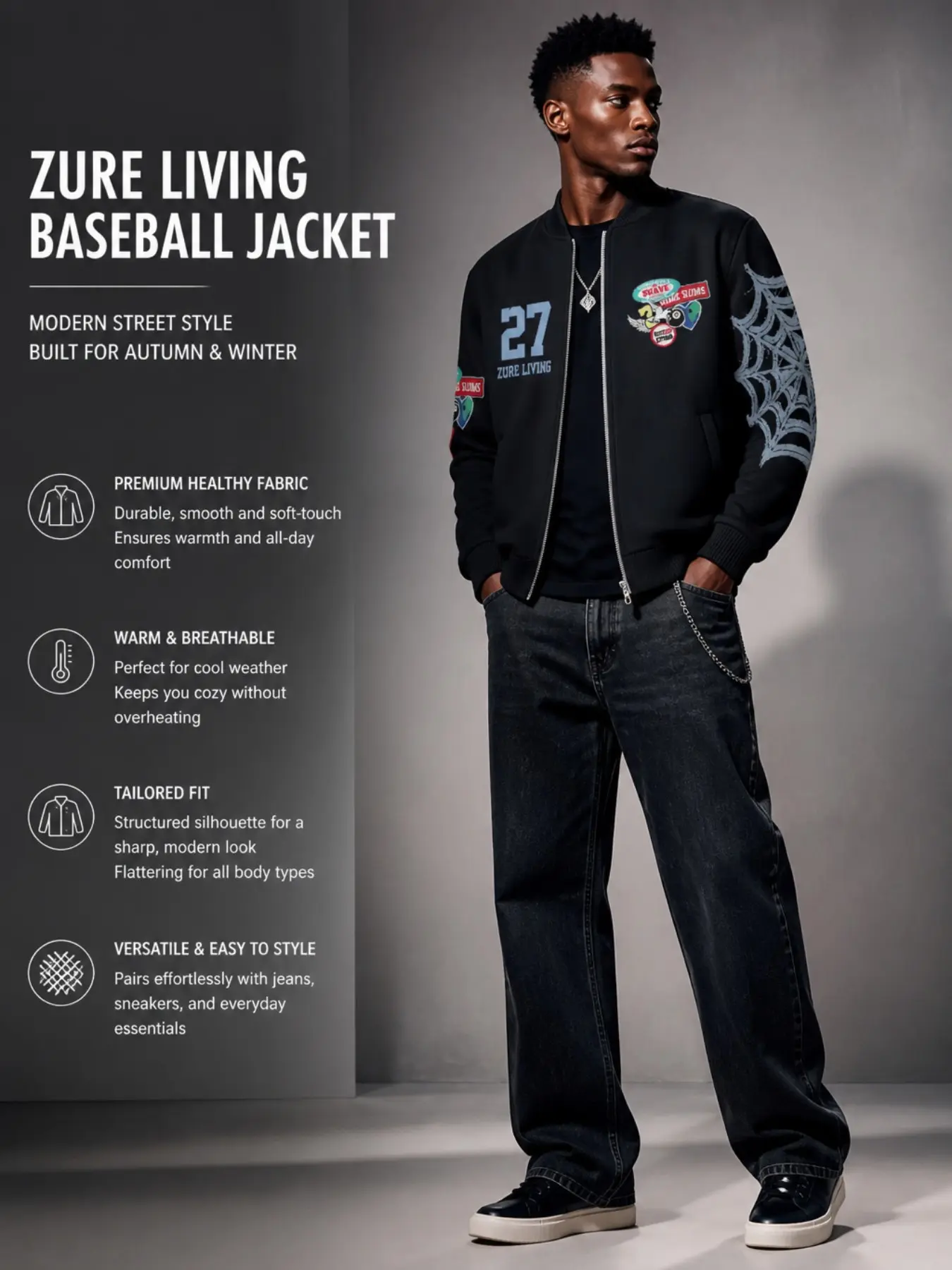 Men's Spider Web Sleeve Full Zip Bomber Jacket, Vintage Baseball Collar Windproof Jacket, Gothic Team Streetwear Fall Winter Outer Coat