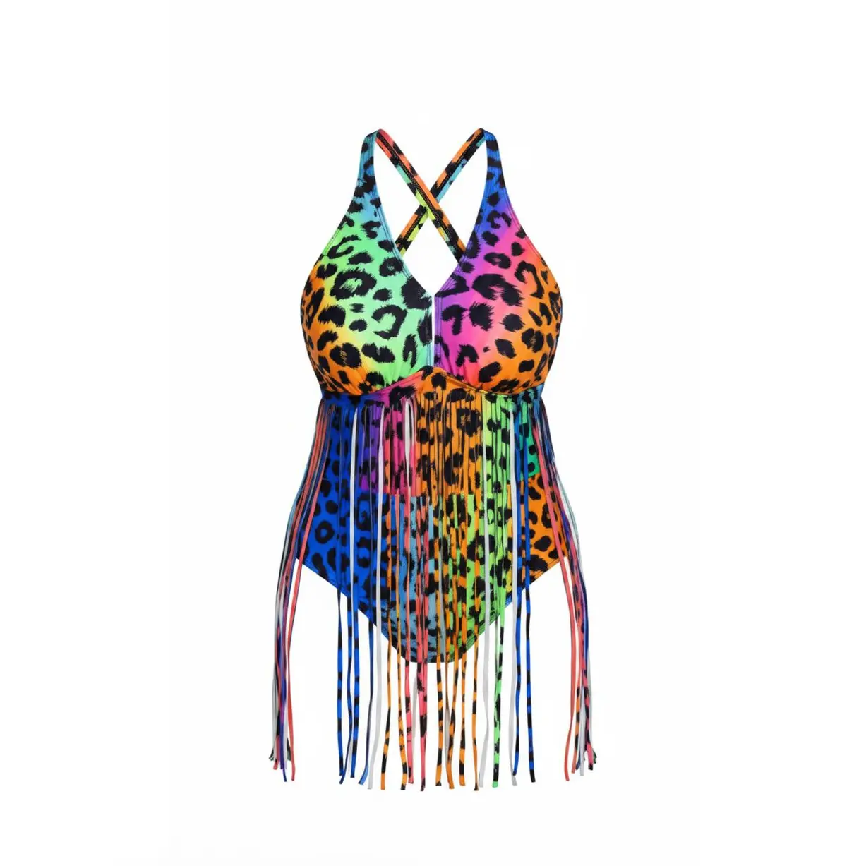 Women's Plus Size 2-Piece Rainbow Gradient Leopard Print Fringe Tassel Flair Tankini Set - V-Neck Spaghetti Strap Skirted Top, High-Cut Stretch Swimwear for Beach, Summer Vacation (Plus Size Swimsuits)
