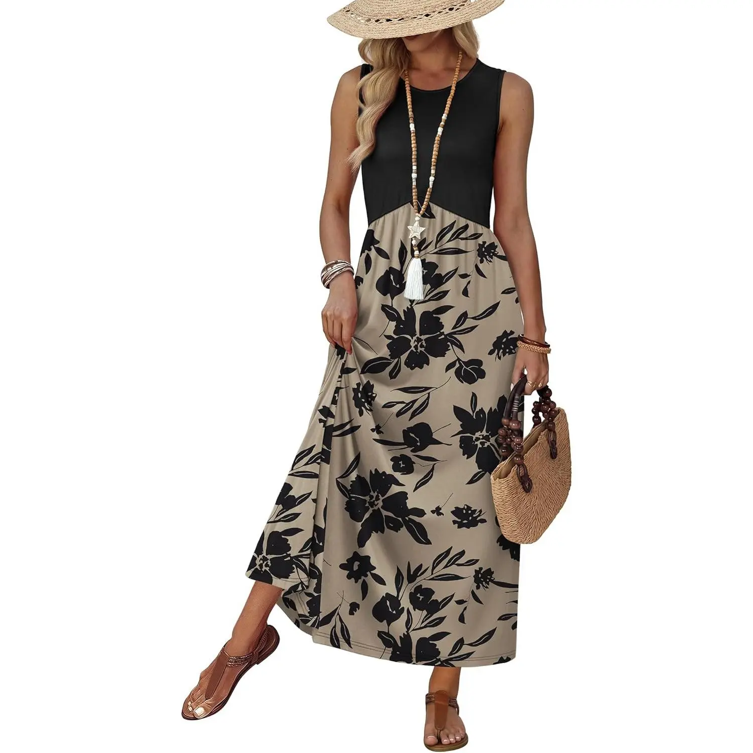 Summer Dresses Babydoll Maxi Dress Empire Waist Beach Vacation Sundresses 2026 with Pockets