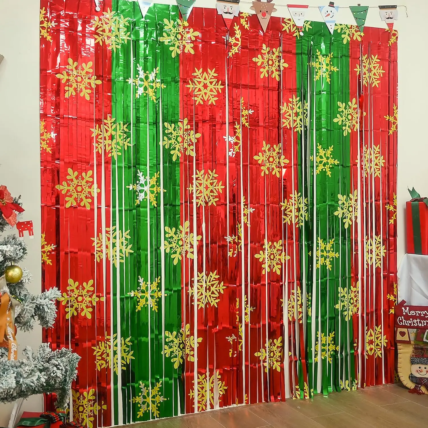 Christmas Party Decorations, 2 Pack Snowflake Foil Fringe Curtains | 3.3 X 6.6 ft Red Green Tinsel Photo Streamers for Xmas Party, Party Decorations Backdrop for Christmas and Ugly Sweater