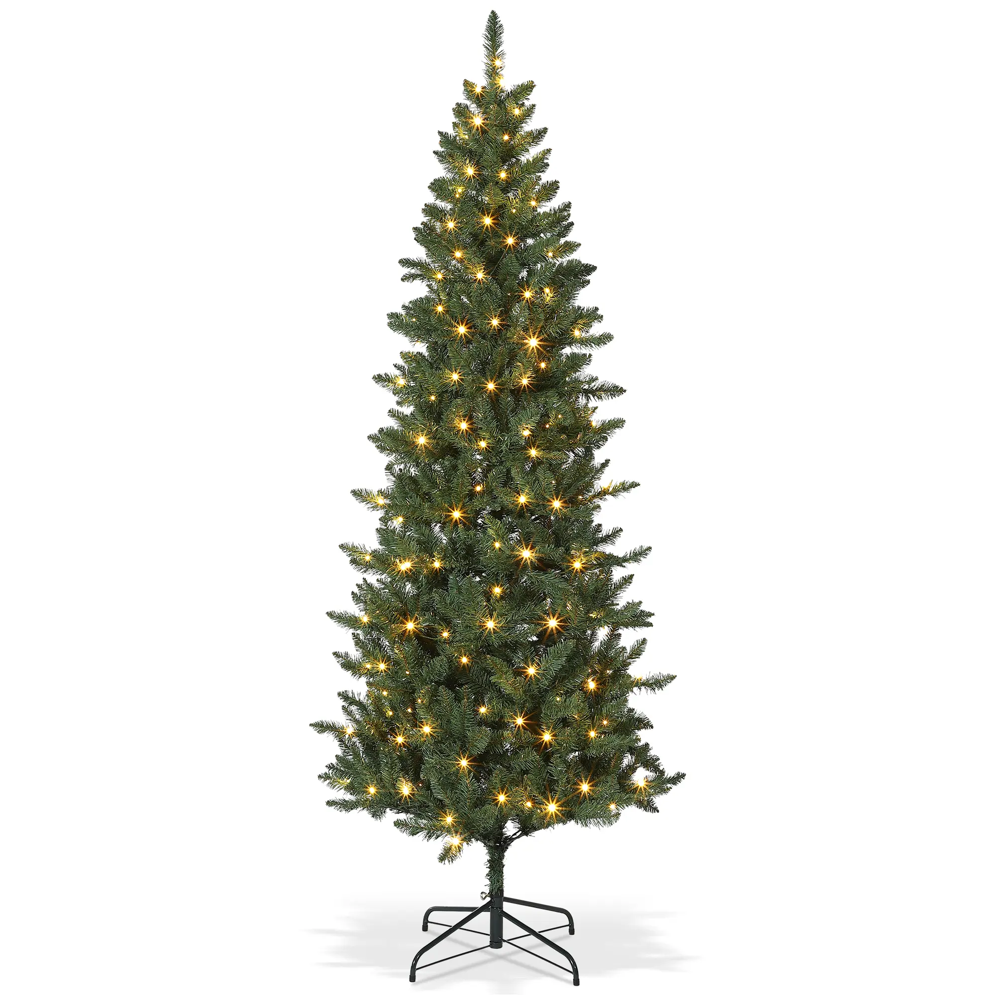 Prelit Slim Pencil Christmas Tree with PVC Metal Stand - 6ft/7.5ft Options, 120 Lights, Real Branch Tips, Metal Decoration for Indoor Home, Office Festive Decor, Artificial Christmas Trees