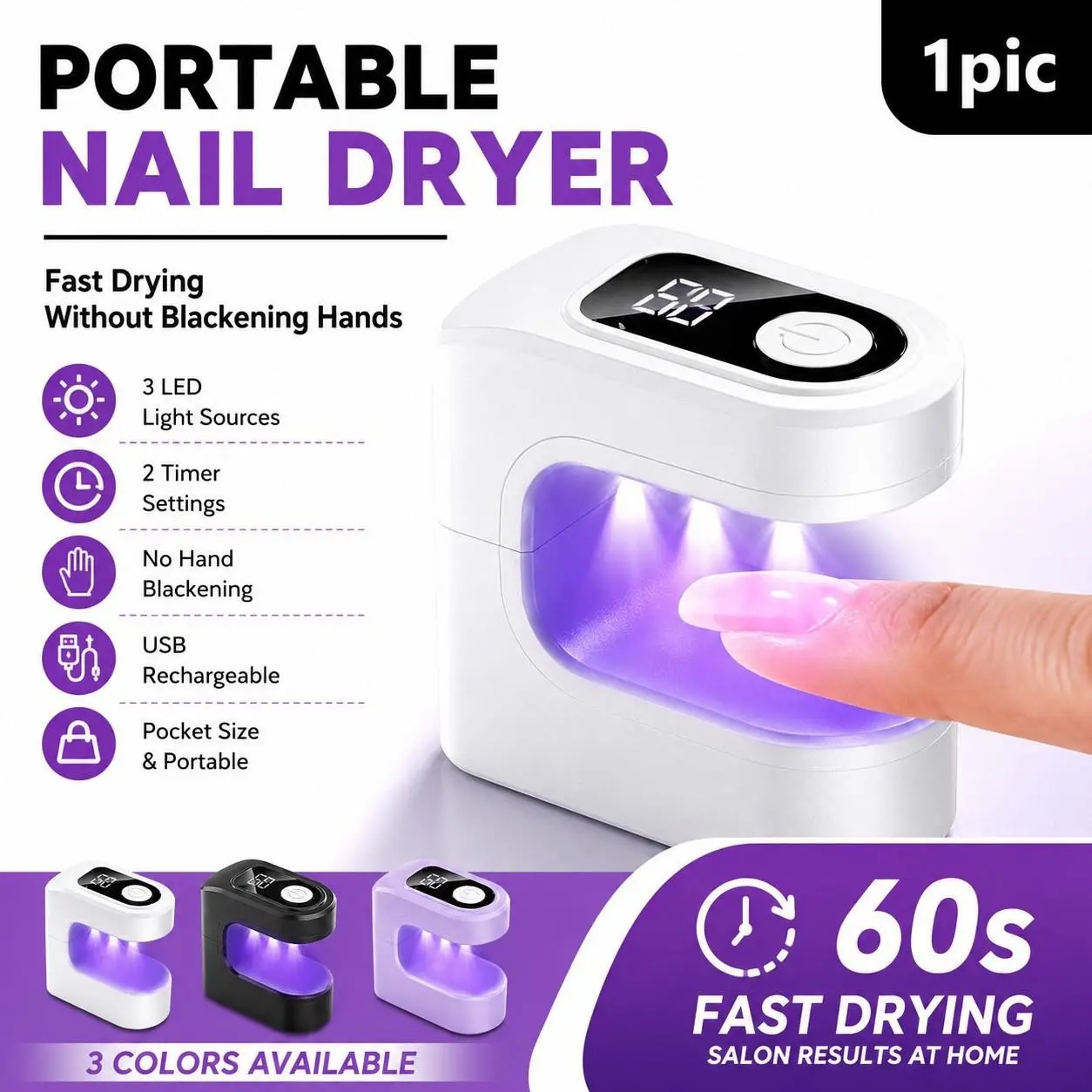 Portable UV Nail Dryer for Gel Extensions & Nail Art, Fast Cure Technology, Rechargeable, 3 Colors Available, Abs Enclosure, Single Item Pack, UV Cure Lamp