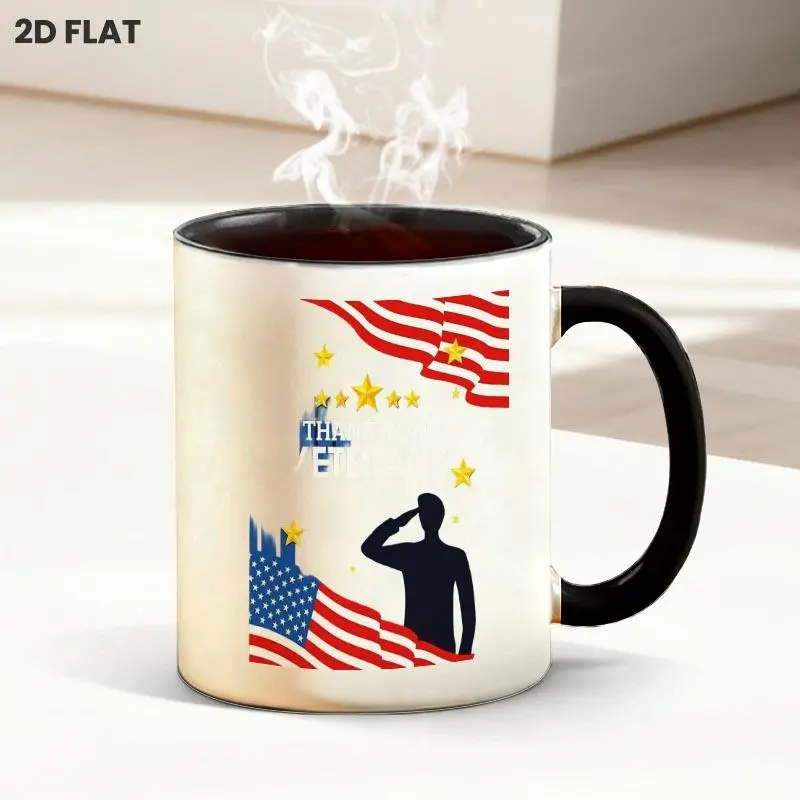 Patriotic "THANK YOU VETERANS" 11oz Coffee Mug, Saluting Silhouette & American Flag Print with Scattered Star Details, Multiple Specifications Available, Ideal for Daily Drinking at Home Office and Gatherings