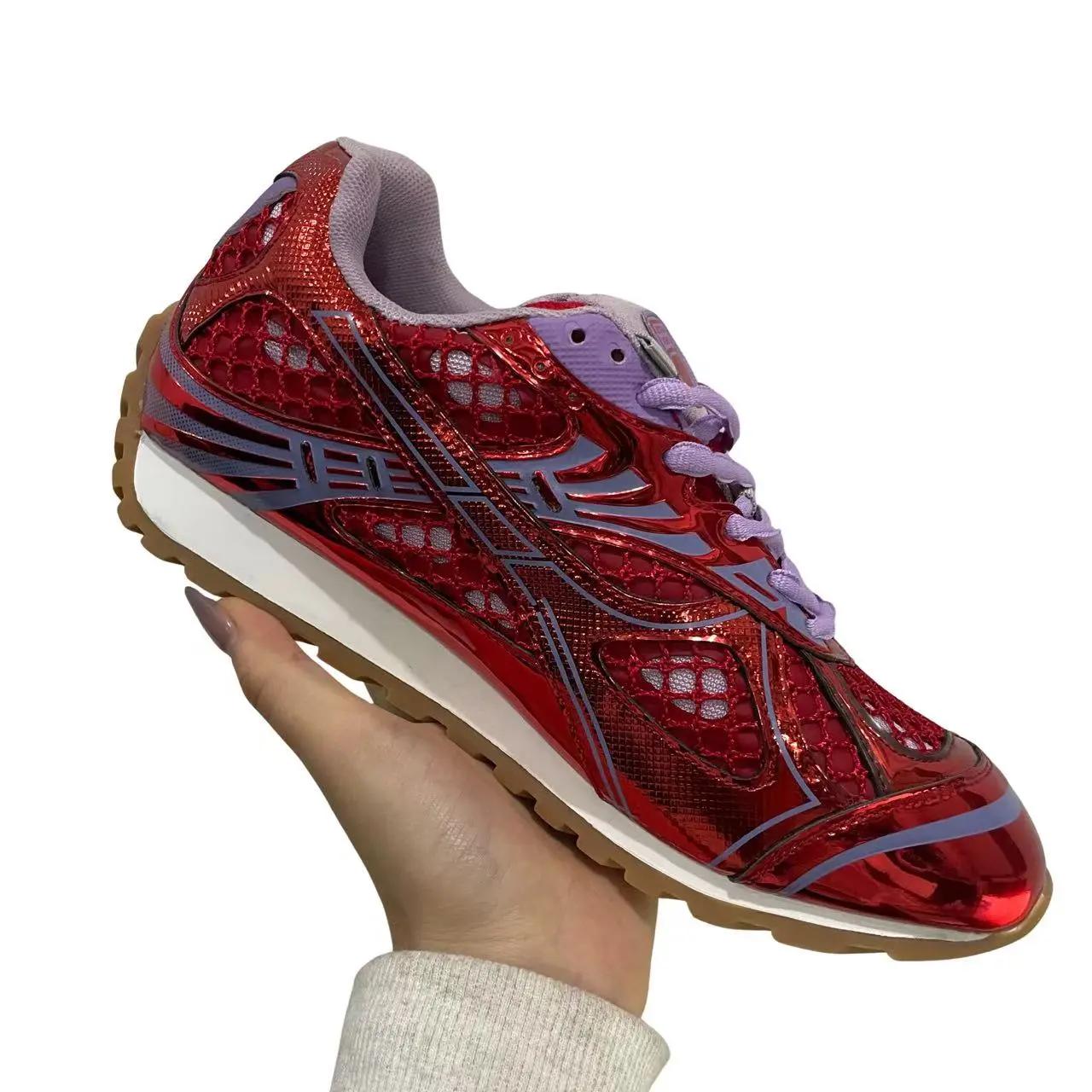 Metallic Red & Purple Retro Sneakers, Breathable Mesh Reflective Running Shoes, Trendy Chunky Casual Footwear