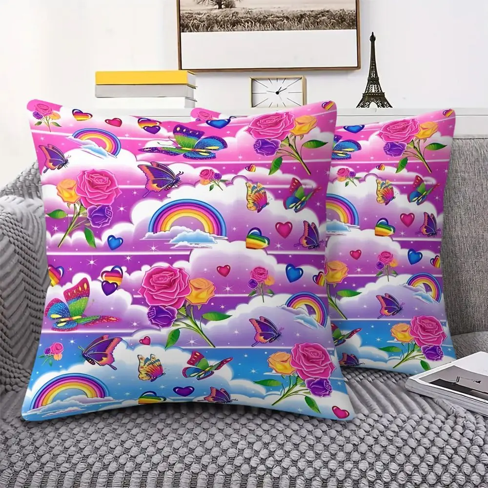 Whimsical Colorful Butterflies and Roses Digital Print Throw Pillow, Perfect Soft Cushion for Kids' Rooms, Playrooms or Cheerful Spaces. Vibrant Design with Clouds, Rainbows, and Heart-shaped Accents. Includes Pillow Insert.