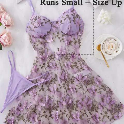 Women's Butterfly Embroidery Cami Spaghetti Strap Nightdress & Thong Sexy Feminine Lingerie Set Underwear, Comfy Breathable Fitted Elegant Nighty Dress Set, Ladies Soft Sleepwear for All Seasons, Womenswear, Chemise Nightgown