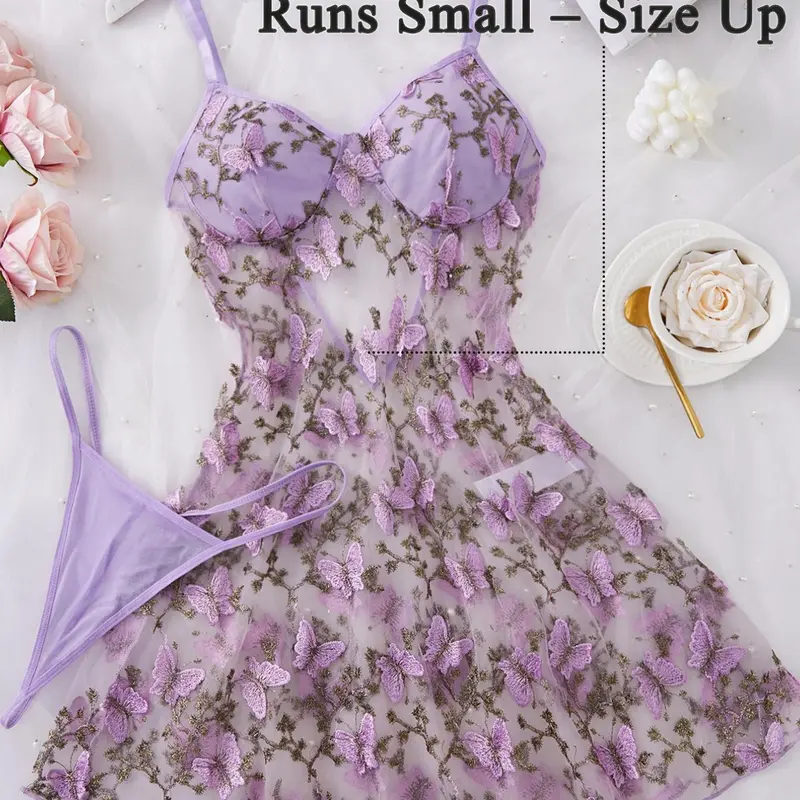 Women's Butterfly Embroidery Cami Spaghetti Strap Nightdress & Thong Sexy Feminine Lingerie Set Underwear, Comfy Breathable Fitted Elegant Nighty Dress Set, Ladies Soft Sleepwear for All Seasons, Womenswear, Chemise Nightgown