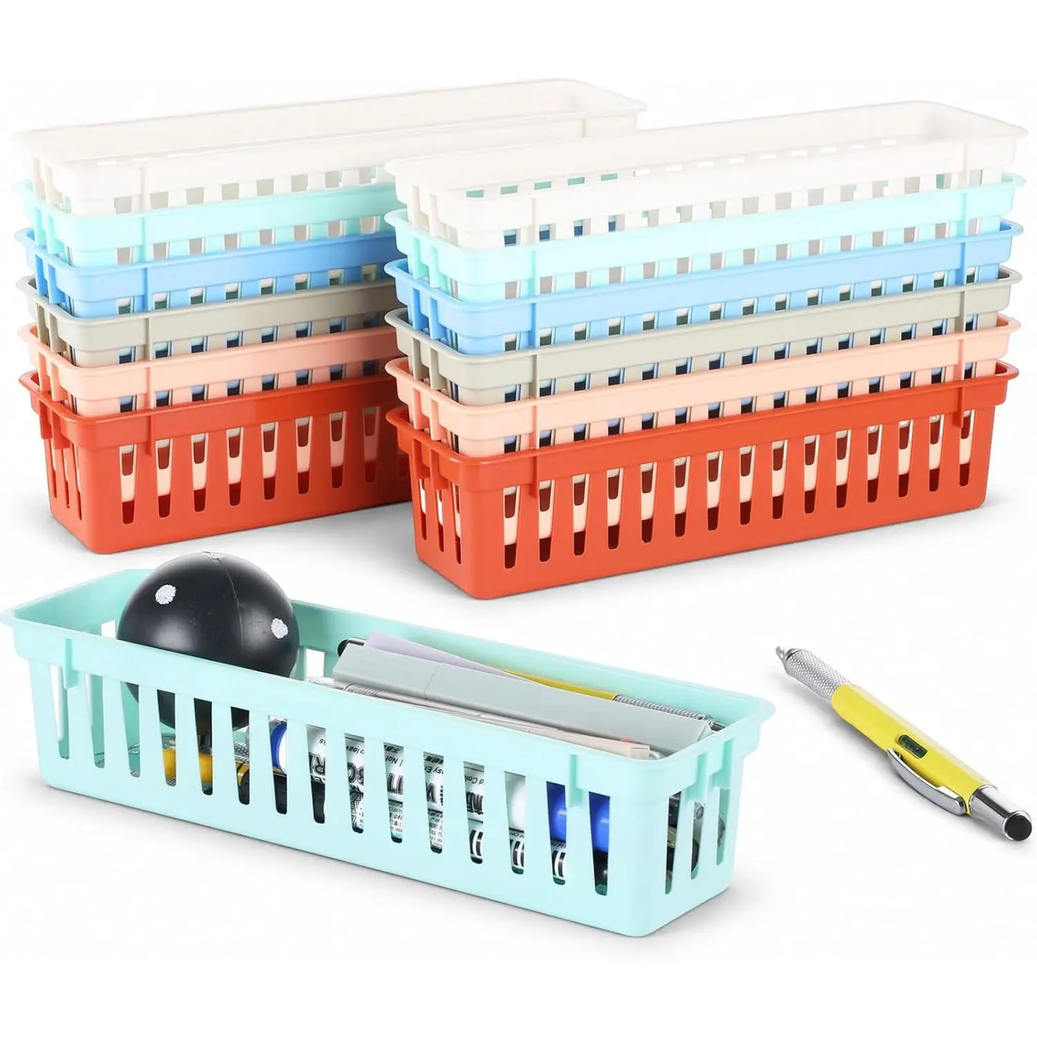 12 count Boho Pencil Basket Dispenser for Classroom Pencil Holder for Desk |  Small Plastic Pen Crayon Basket Tray Classroom Storage  Organizer for Student Teacher School Supplies Office