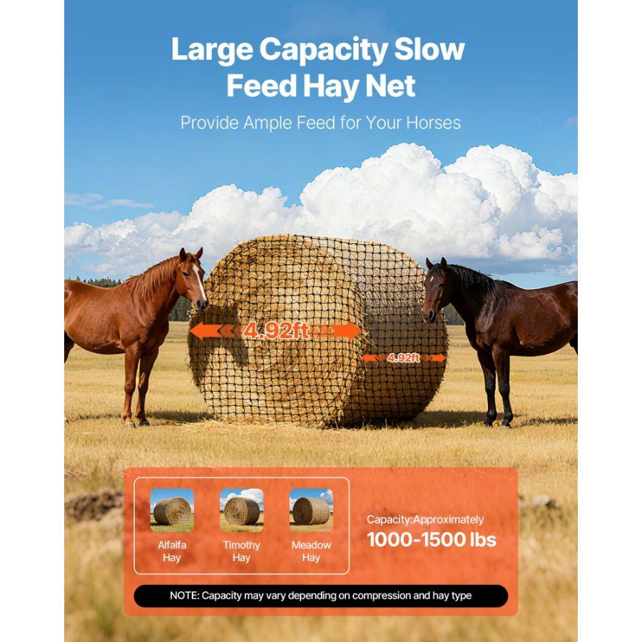 VEVOR Round Bale Hay Net, 5.91x 5.91x 5.91 ft, 1.65 inch Holes, PE Material, Knotless Design, with Zip Ties, Needle Shuttle, Repair Twine and Storage Bag, Slow Feeder Round Bale Net for Horses
