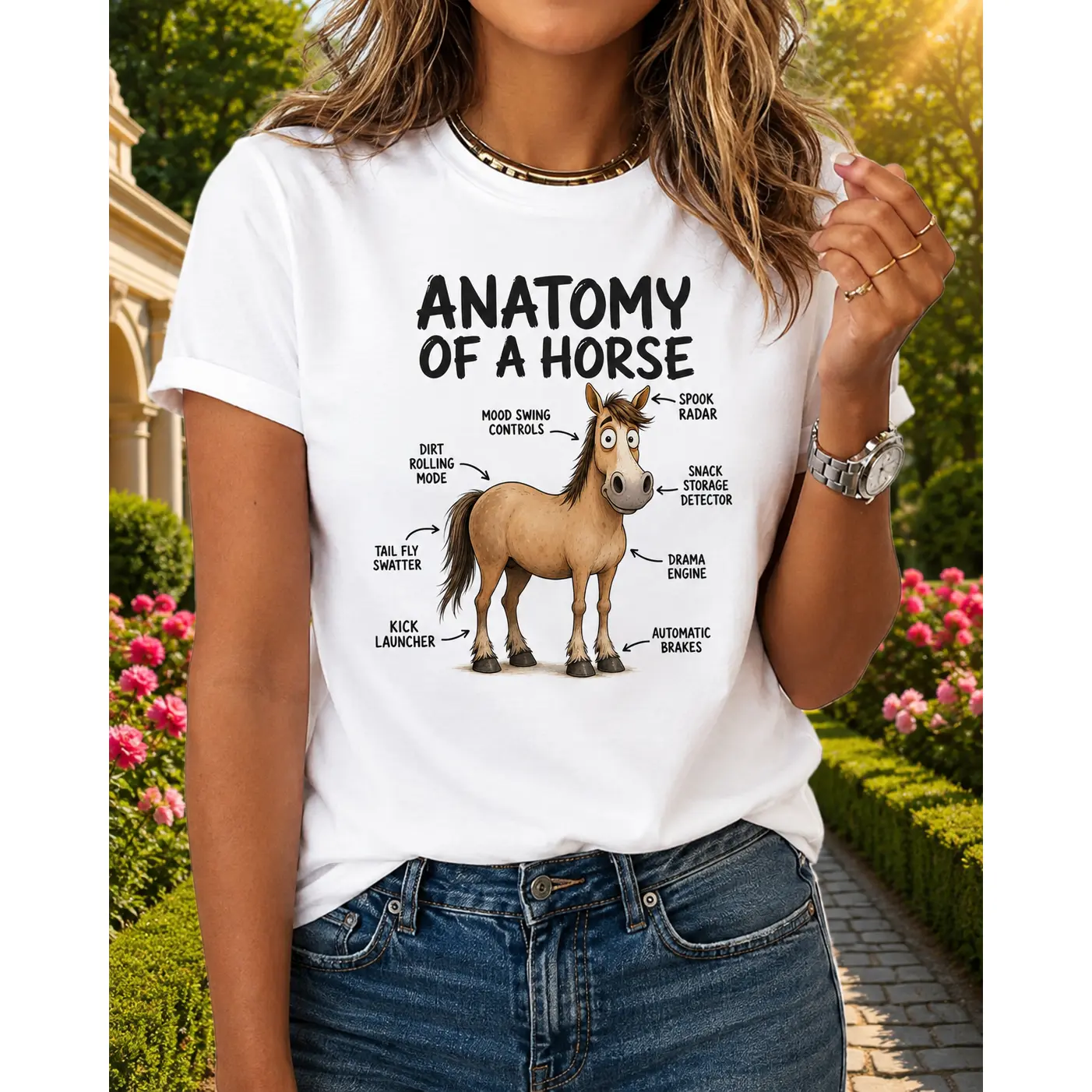 Women's Round Neck Short-Sleeve Printed Tops - Funny Horse Diagram Graphic Tee, Equestrian Everyday Gift for Horse Enthusiasts