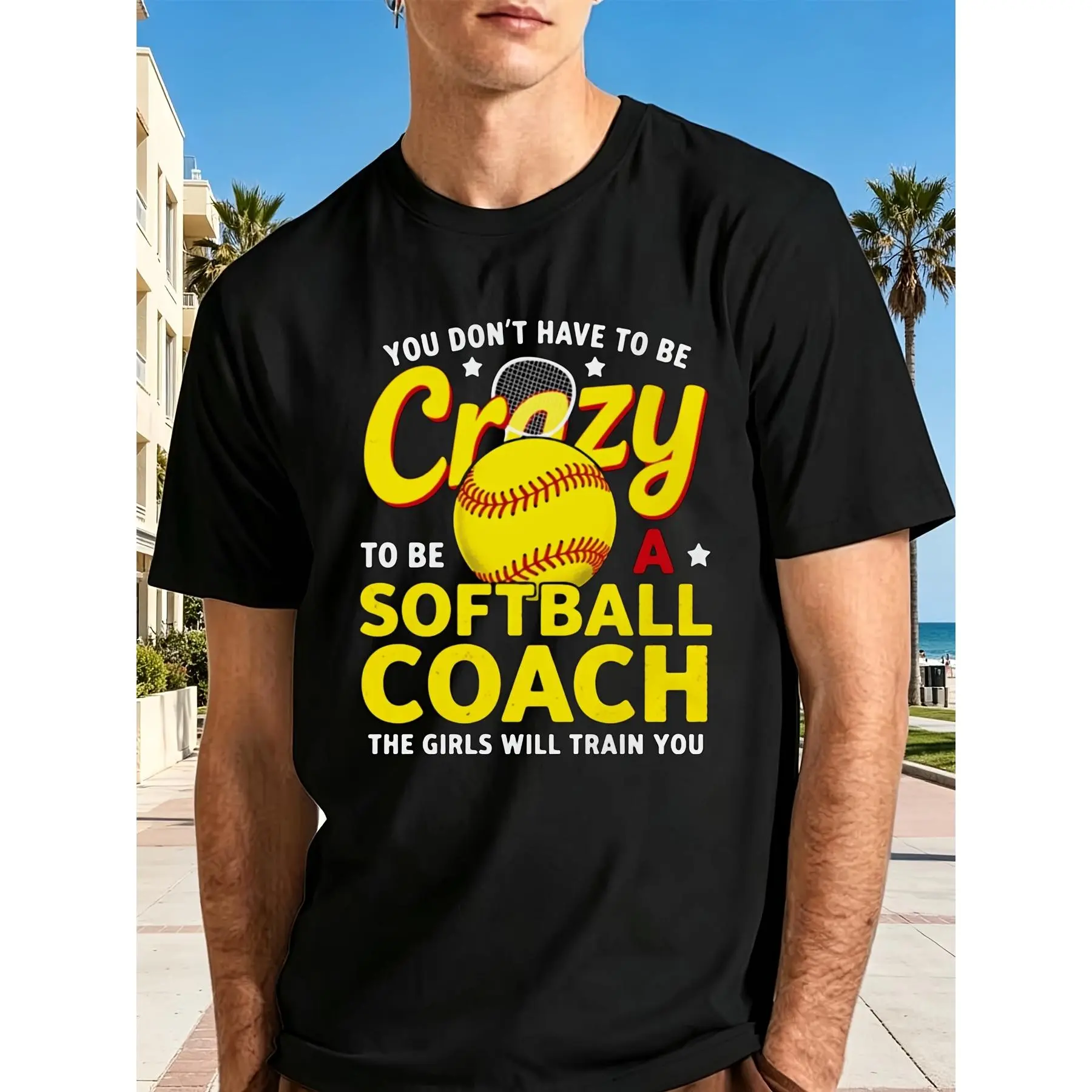 Funny Softball Coach T-Shirt for Men Showcasing a Comfortable Fit with Vintage Yellow And Red Text on a Black Crew Neck Great for All Seasons This Regular Fit Shirt Is Ideal for Adults Plus Size Retro Casual Round Neck Printed T-Shirt Unisex