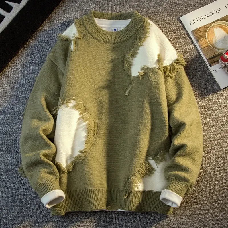 2026 New Menswear Long Sleeve Black Fashion Crew Neck Sweater - American High Street Patchwork, Irregular Fringed Edges, Distressed Details, Autumn Winter Matching Pullover Knitwear (Couple Styles Available)#Sohochic