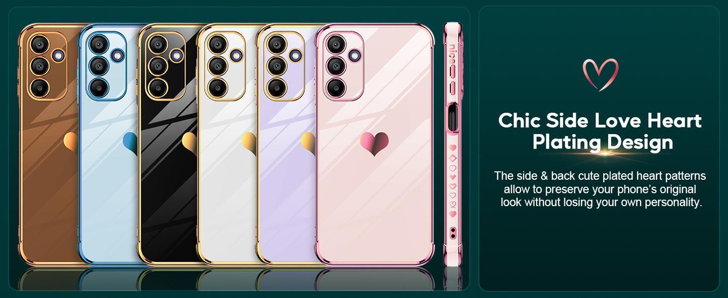 for Galaxy A15-5G Phone Case: with Tempered Glass Screen Protector [2 Pcs]+ Full Camera Lens Protection, Love Heart Plating Girly Women Luxury Shockproof Android A 15, Pink