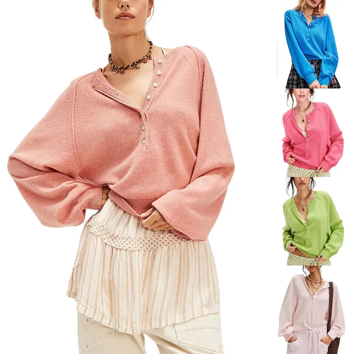 Women's Soft Crew Neck Long-Sleeve Polyester Knitwear, Button-Down Henley Pullover, Casual Lightweight Trendy Tops