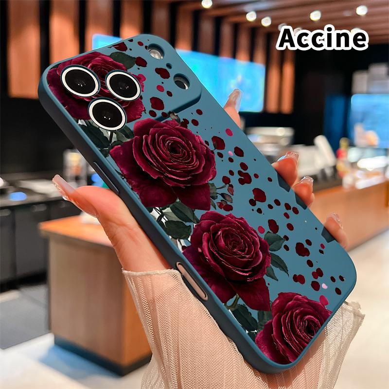 Straight Edge Phone Case for iPhone 17 15 16 14 Pro Max 13 12 11 XR XS Plus Air E Blooming Ruby Roses Pattern Anti-Scratch Shockproof Soft Liquid Silicone Protective Cover Smartphone Casing