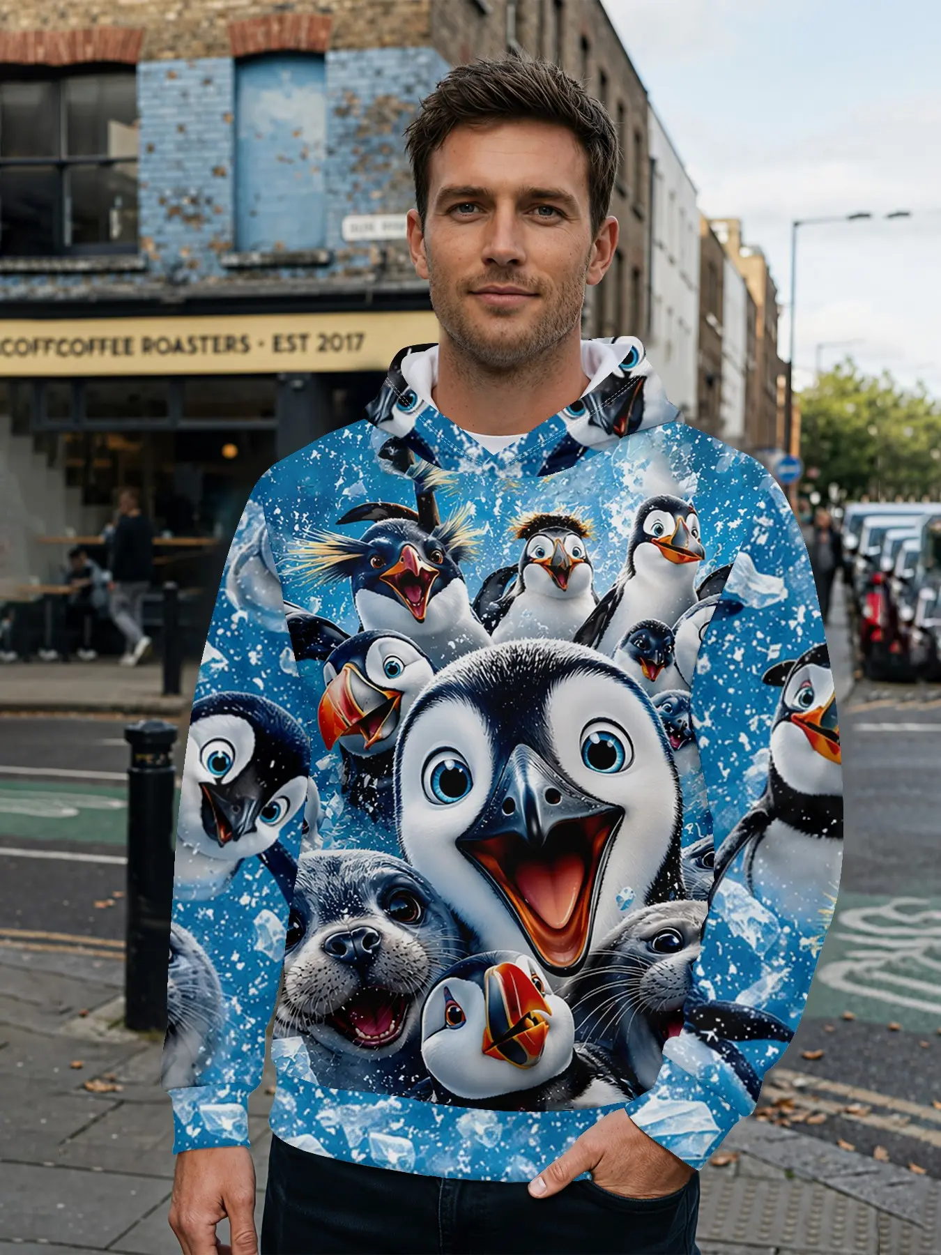 Men's 3D Digital Print Hoodie, Penguin Cartoon All over Print, Casual Fitted Sweatshirt, Perfect for Daily Wear and Music Festivals