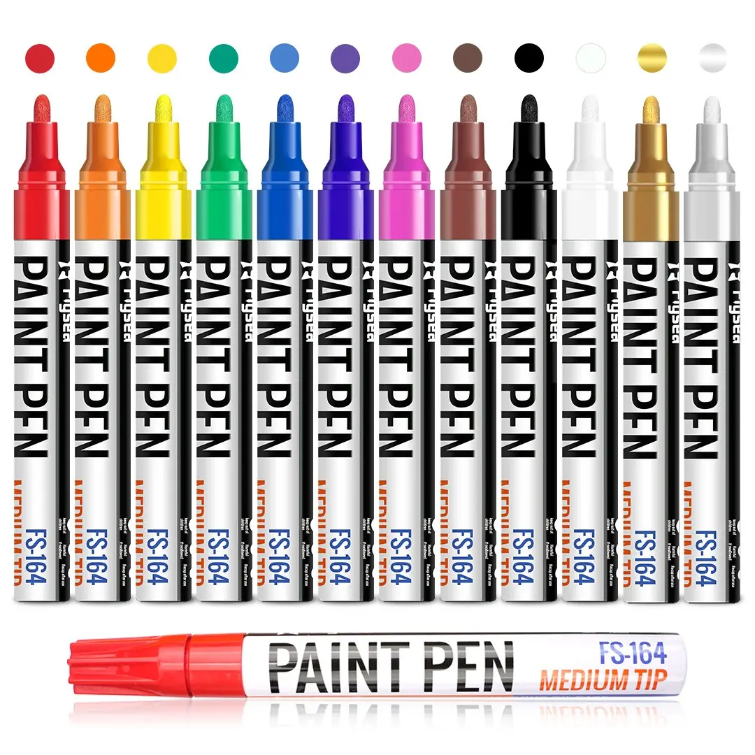 Flysea Oil-Based Paint Marker Set, 12 Colors Fast-Drying Permanent Markers, Medium Tip, Suitable for Metal, Wood, Fabric, Plastic, Canvas, Marker Pens Set