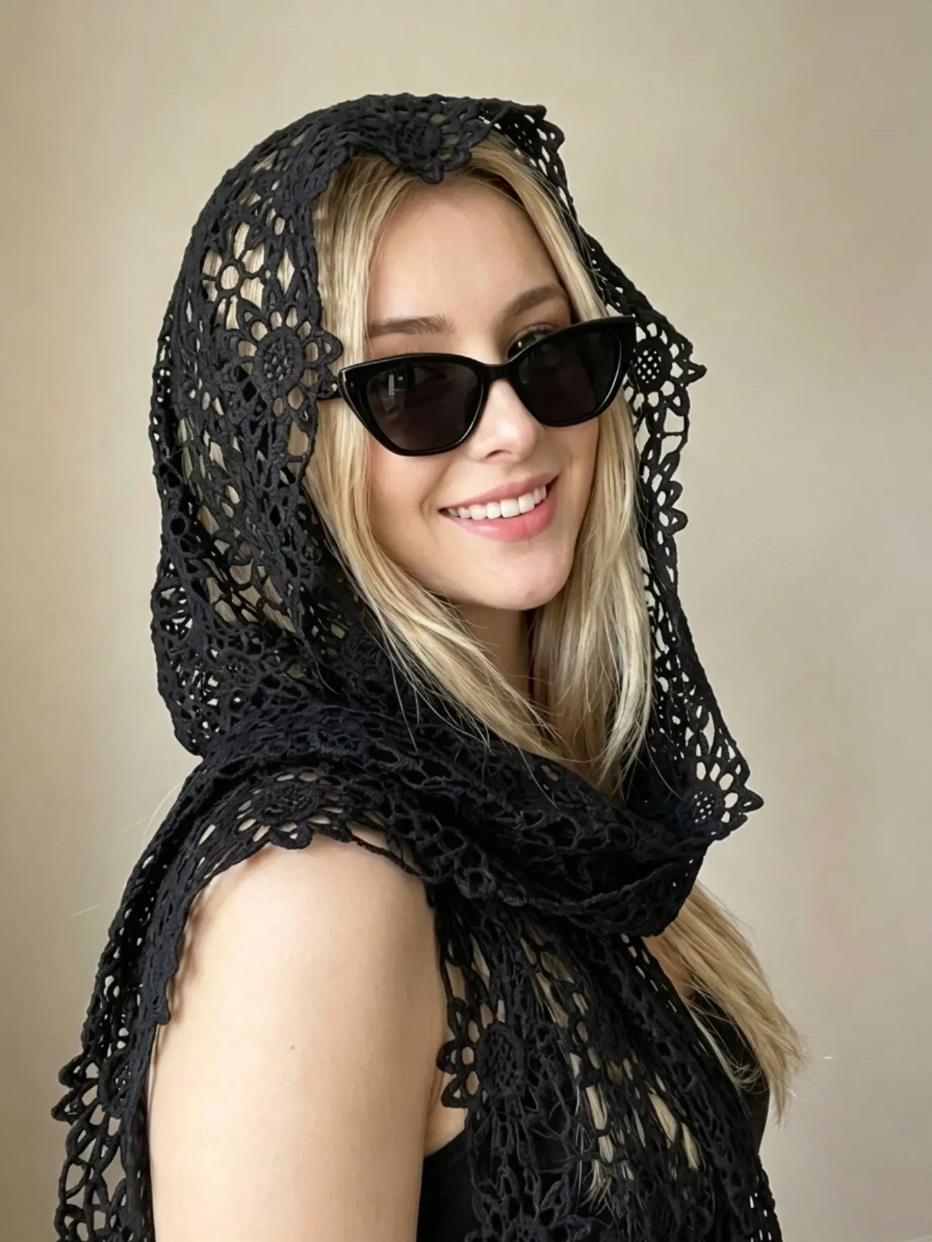 Handmade Knitted Scarf with Hood, Boho Style, Breathable Lace Design, Perfect for Summer Vacations and Music Festivals